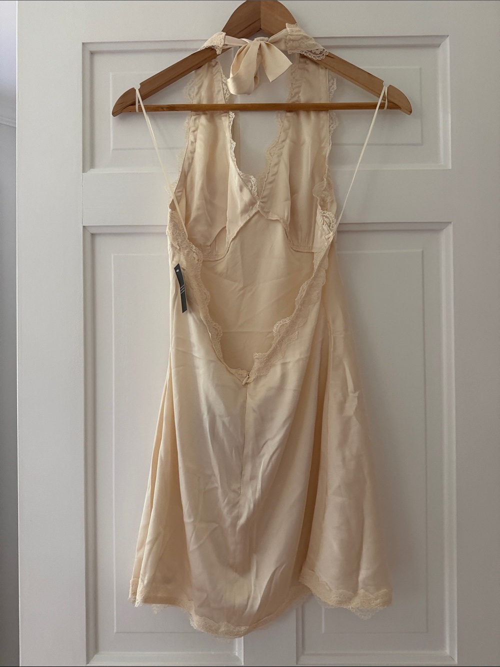 Lioness Cream Satin Halter Slip Dress with Lace Trim - Picture 4 of 7